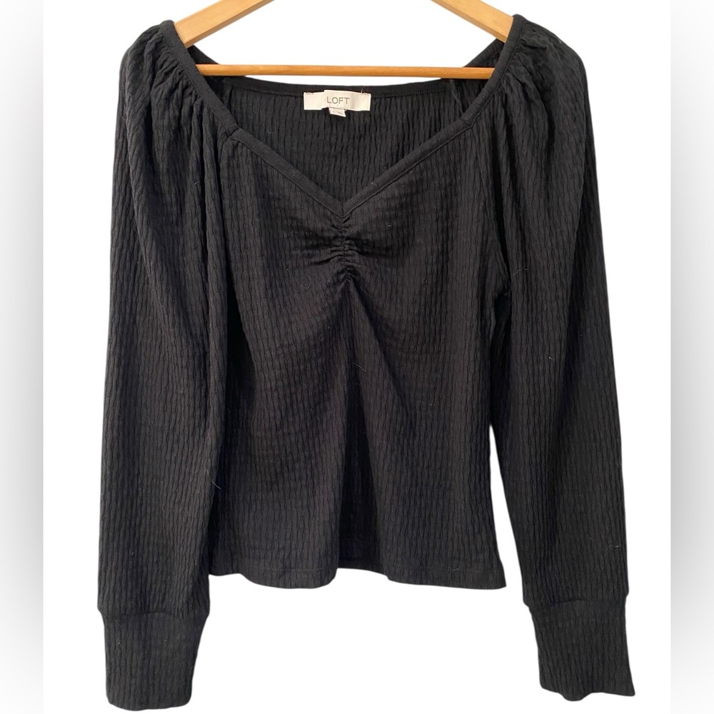 LOFT Women's Black Textured Heart Neckline Long Sleeve Top L